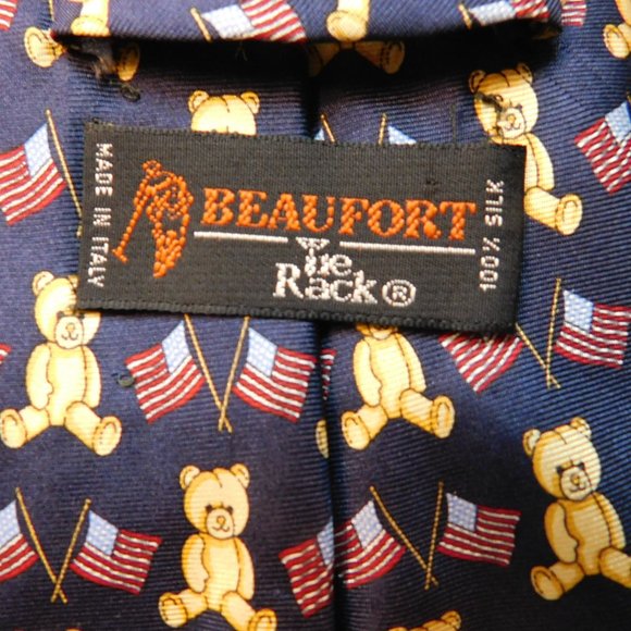BeauFort Tie Rack Silk Made In Italy Teddy Bear and USA Flags - Picture 4 of 5